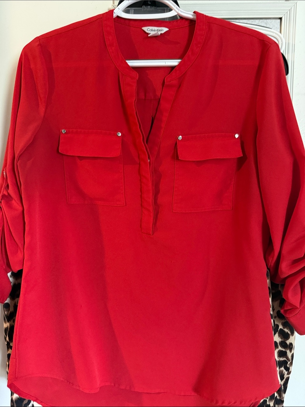 Calvin Klein Vibrant Red Split-Neck Utility Tunic